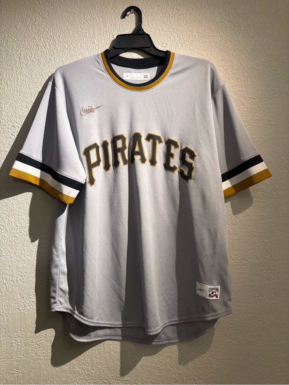 Nike Pirates Gray and Gold Script Baseball Jersey